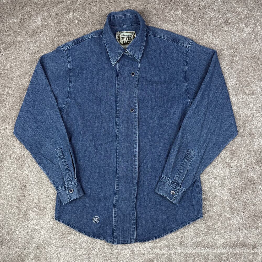 Vtg Wrangler Silver Lake Denim Shirt Double Layered Collar Size M Western